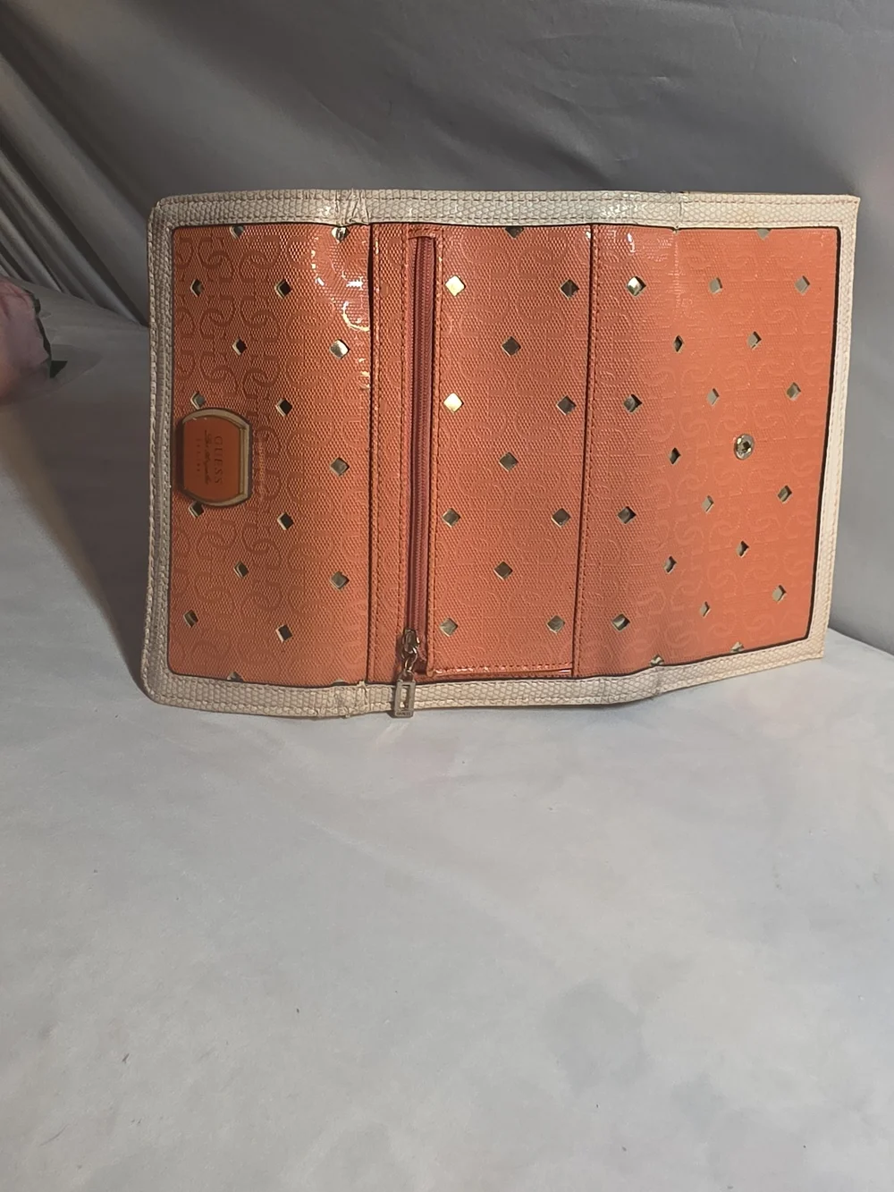 GUESS Orange Wallet with Beige Trim and Gold Accents